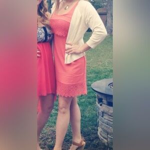 Esley Peachy/Salmon Sleeveless Dress with Lace Eyelet Detail